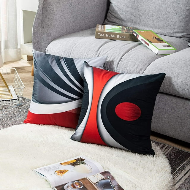 Set of 4 Throw Pillow Covers Modern Abstract Red and Black White Wavy Vertical Dot Decorative Pillow Cases Home Decor Square Geometric 18x18 Inches Pillowcases