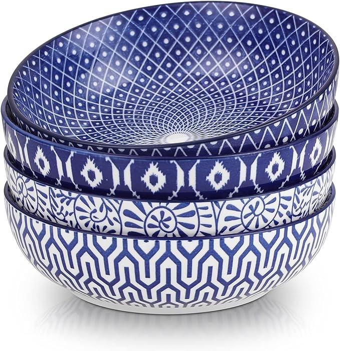 Selamica Ceramic 30 Ounce Large Pasta Bowls 8 inch Serving Bowls Wide and Shallow Microwave Dishwasher Safe Bowls Set of 4, Vintage Blue